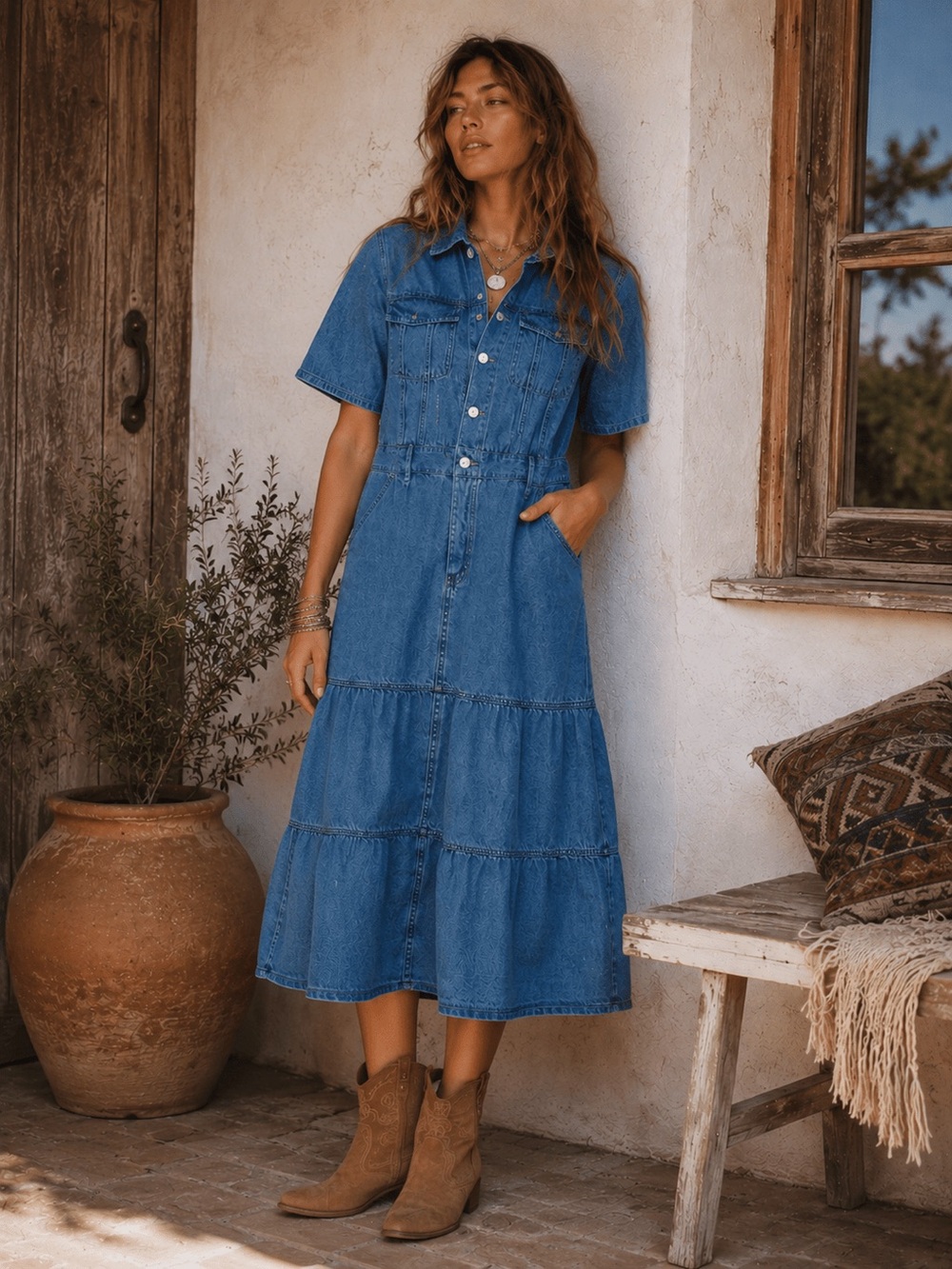 D052. Blue Denim Tiered Button-Front Dress - Picture 1 of 1